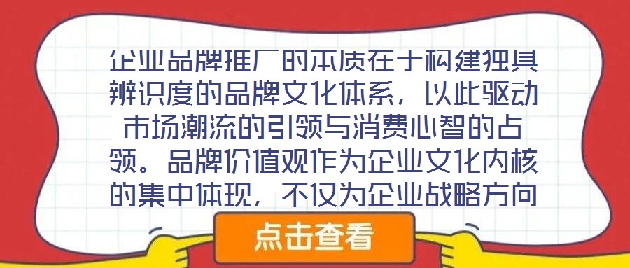 企業(yè)品牌推廣的本質(zhì)在于構(gòu)建獨(dú)具辨識(shí)度的品牌文化體系，以此驅(qū)動(dòng)市場(chǎng)潮流的引領(lǐng)與消費(fèi)心智的占領(lǐng)。品牌價(jià)值觀作為企業(yè)文化內(nèi)核的集中體現(xiàn)，不僅為企業(yè)戰(zhàn)略方向與行為準(zhǔn)則提