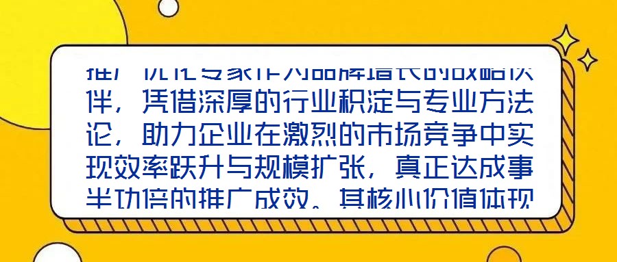 推廣優化專家作為品牌增長的戰略伙伴，憑借深厚的行業積淀與專業方法論，助力企業在激烈的市場競爭中實現效率躍升與規模擴張，真正達成事半功倍的推廣成效。其核心價值體現